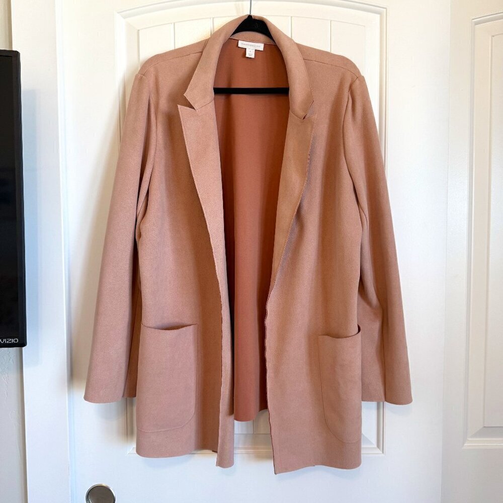 FAUX SUEDE dusty rose pink long open front blazer women's L - Picture 1 of 9